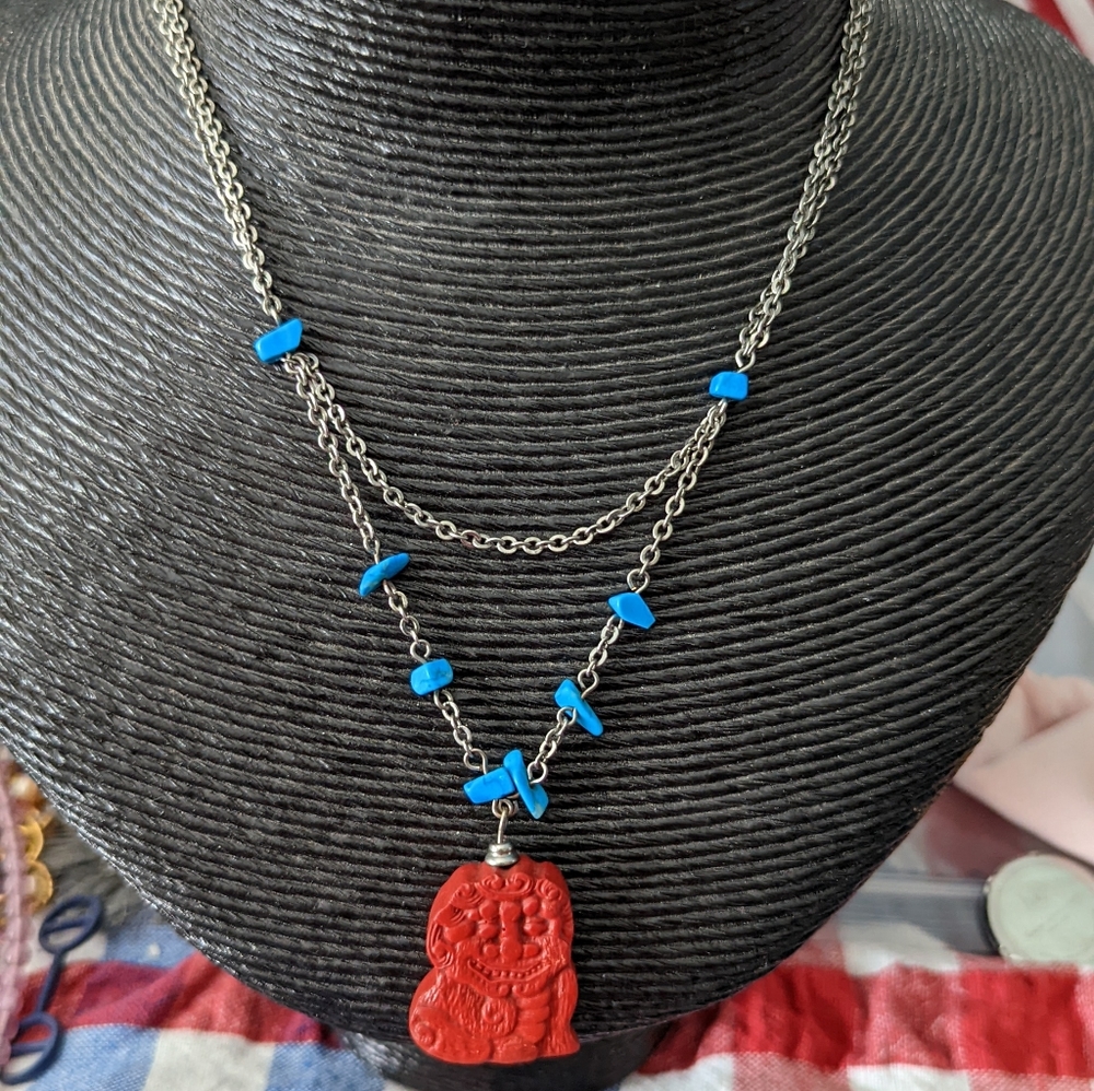 Tribal Boho Silver tone Necklace with Blue stone red stone(?) Animated pendant